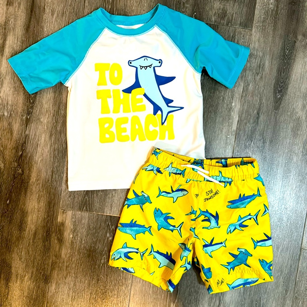 Old Navy Sharks Swimsuit Trunks and Matching Rash Guard